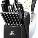 Knife Set, Kitchen Knife Block Sets with Sharpener, 6 Steak Knife Set Serrated with Block, 15 PCS Forged German Stainless Steel Rust Proof Knives, Dishwasher Safe Black, New Beveled Design
