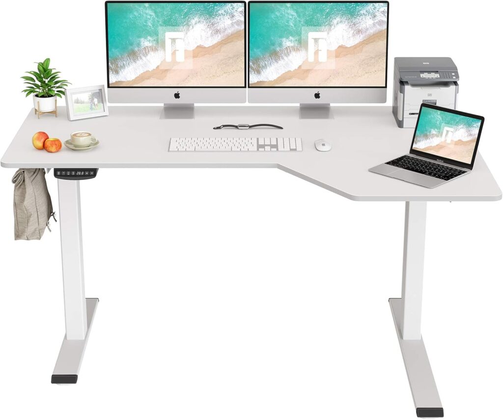 FEZIBO 55×32 inch L Shaped Electric Corner Standing Desk, 4 Memory Height Settings,Home Office & Computer Height Adjustable Table, Ergonomic Sit and Stand Up Workstation with Splice Board,White Top