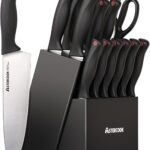 Astercook Knife Set, 15 Pieces Kitchen knives Set with Built-in Sharpener, High Carbon German Stainless Steel Chef Knife Block Sets, Sharp & Rust Resistant Dishwasher Safe, Black