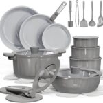 CAROTE 27pcs Ceramic Cookware Set Nonstick, Pots and Pans Set Non stick, Non Toxic Cookware, Dishwasher/Oven Safe, RV/Camping Cookware Set, Pan and Pot with Kitchen Utensils, Dark Gray