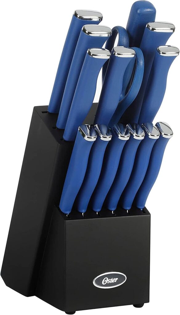 Oster Langmore 15 Piece Stainless Steel Cutlery Knife Block Set W/Black Box – Classic Blue Handles