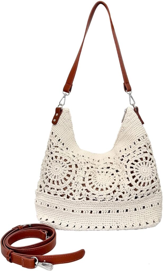 Eiyye Crochet Shoulder Bag for Women Large Crossbody Bag Handmade Hobo Purse with Adjustable Strap Everyday Casual Tote for Travel Shopping & Work(Off White)