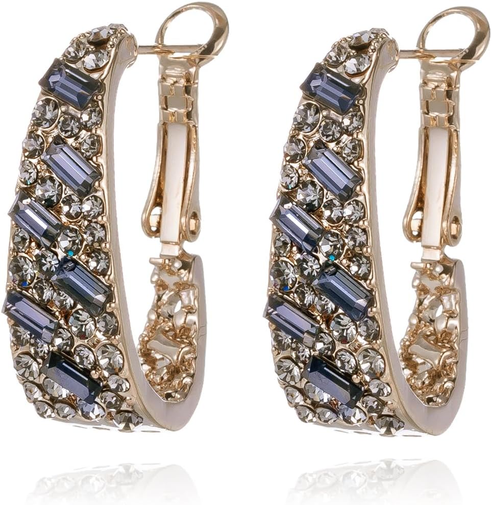 Qlady Crystal Hoop Earrings For Women, Bright Silver Plated Oval Inside Out Earring, Sparkling Modern Geometric Earrings, Gift for Her