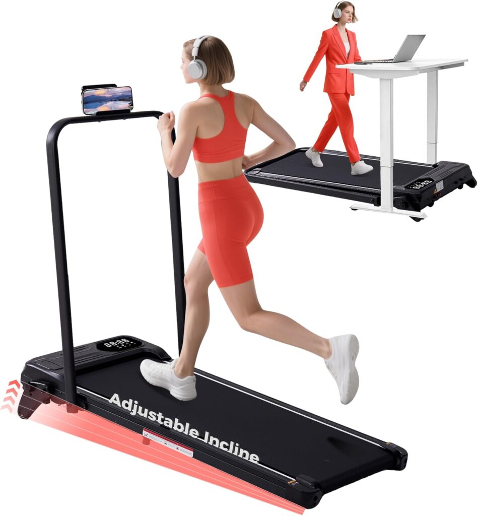 Electric Walking Pad with Handle Bar & Adjustable Incline, 4-IN-1 Portable Small Under the Desk Treadmills for Home Small Spaces, 3.5HP Compact Home Running Treadmills with Handles, 0.6-7.6MPH, 350LBS