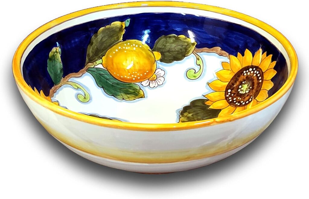 Large Ceramic Bowl for kitchen – Italian dinnerware pasta bowl – Yellow White Blue Lemon Sunflower serving tray – Hand painted Tuscan pottery bowls – Made in Italy – Ceramics salad tuscan soul platter
