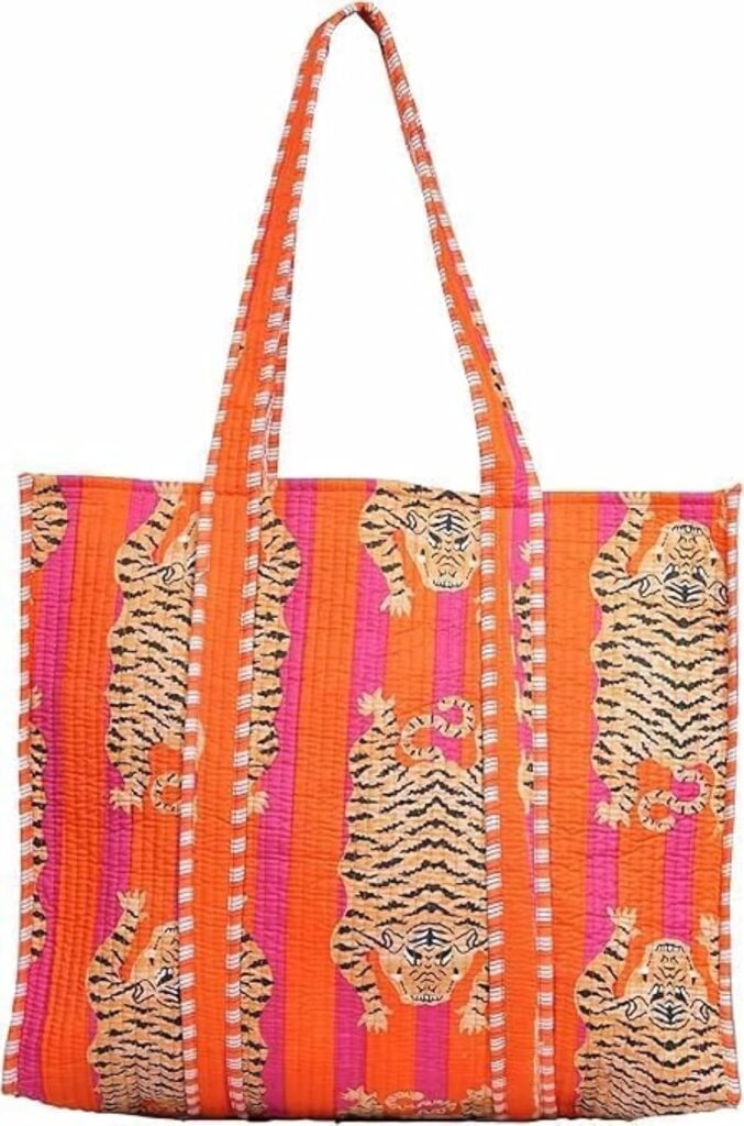Cotton Tiger Block Print Tote Bag, Handmade Indian Shoulder Bag, Market Shopping Bag