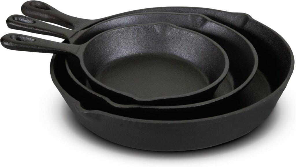Jim Beam HEA Set of 3 Pre Seasoned Cast Iron Skillets with Even Distribution and Heat Retention-6″ 8″ 10″, 10”, Black,JB0195