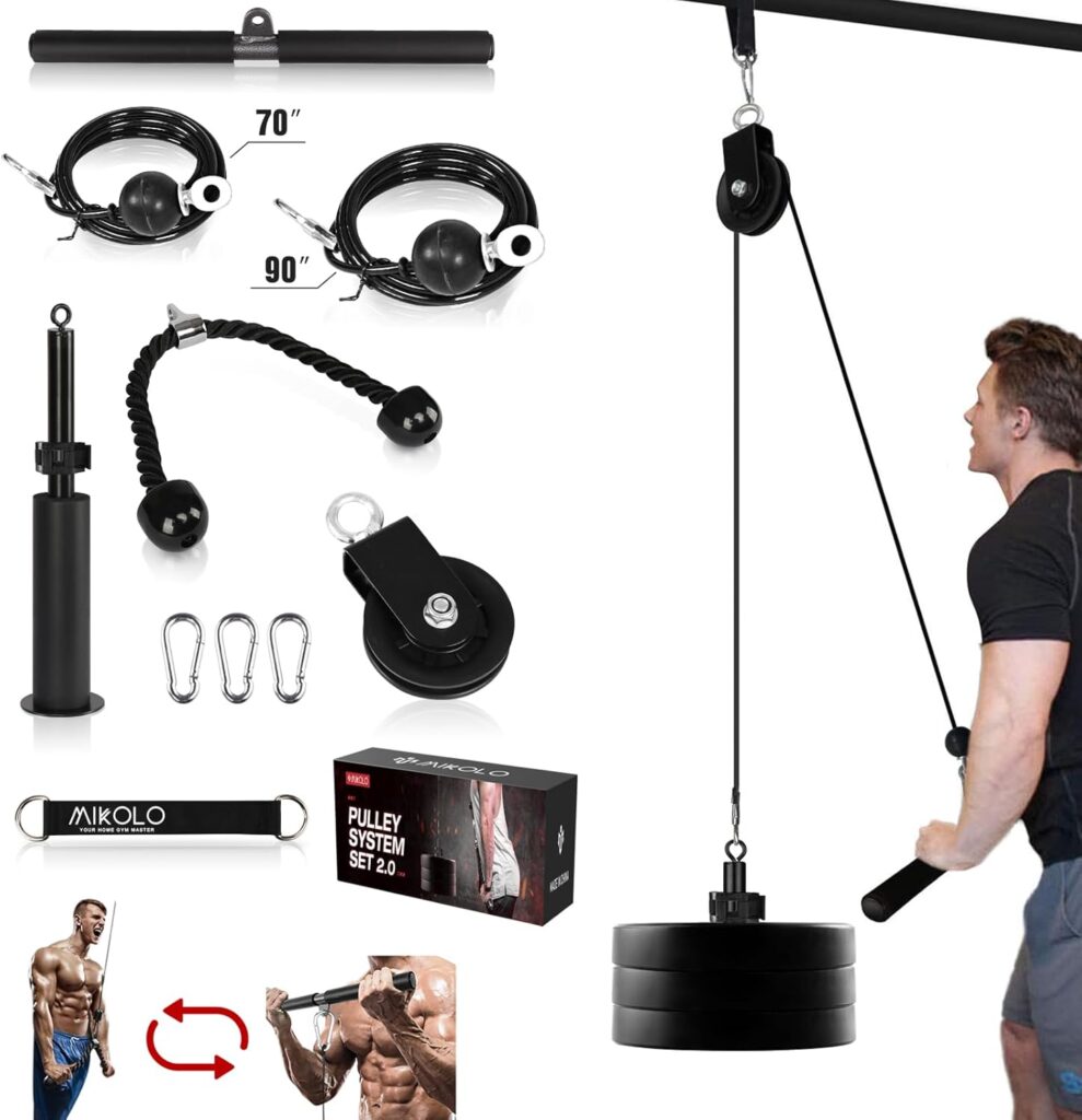 Mikolo Fitness LAT and Lift Pulley System, Dual Cable Machine(70” and 90”) with Upgraded Loading Pin for Triceps Pull Down, Biceps Curl, Back, Forearm, Shoulder-Home Gym Equipment(Patent)