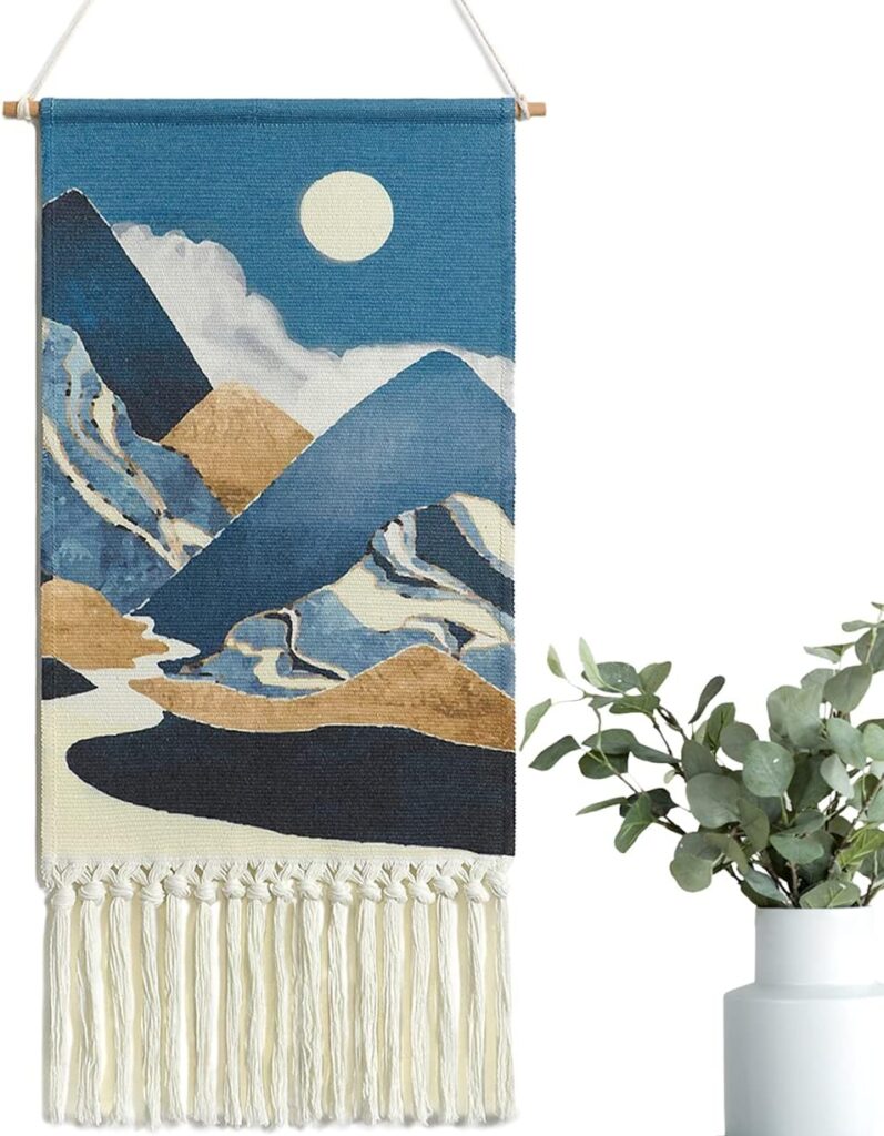Alynsehom Macrame Woven Wall Hanging Tapestry Boho Wall Art Moon Mountain Chic Home Decor Bohemian Aztec Apartment Dorm Room Backdrop Decoration (Blue)
