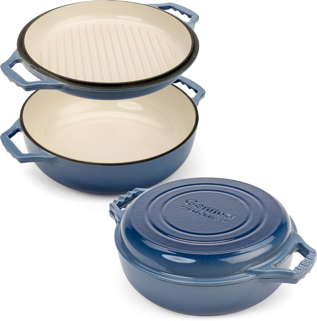 2-in-1 Enameled Cast Iron Braiser Pan with Grill Lid – 3.3-Quart Small Dutch Oven, Serves as Both Casserole & Stovetop Grill Pan, Cast Iron Cookware
