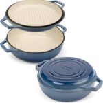 2-in-1 Enameled Cast Iron Braiser Pan with Grill Lid – 3.3-Quart Small Dutch Oven, Serves as Both Casserole & Stovetop Grill Pan, Cast Iron Cookware
