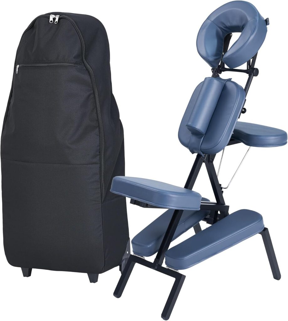 Professional Portable and Lightweight Tattoo/Massage Chair by Master Massage – Folding Aluminum Frame with Adjustable Features and Wheeled Carrying Case, Blue