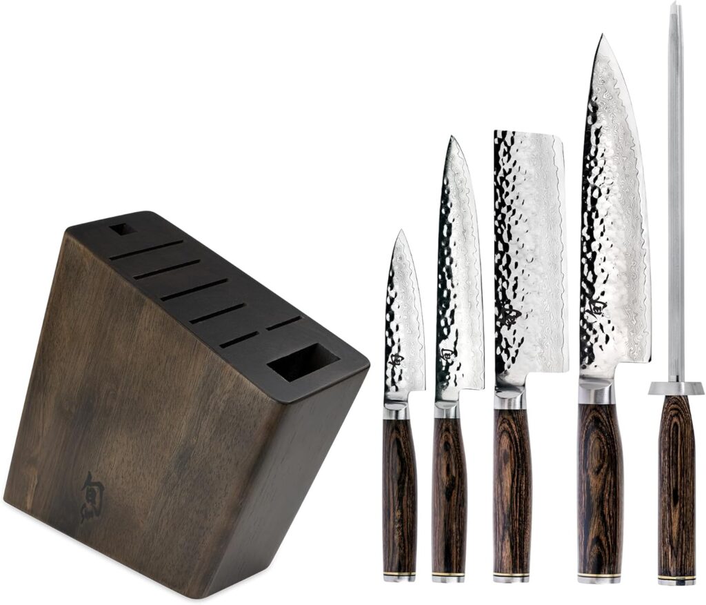 Shun Premier 6 Piece Block Set, Includes 8″ Chef, 4″ Paring, 5.5″ Nakiri, 6.5″ Utility Knives, Honing Steel & 8-Slot Angled Knife Block, Handcrafted Japanese Knife Set, Pakkawood Handles