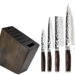 Shun Premier 6 Piece Block Set, Includes 8″ Chef, 4″ Paring, 5.5″ Nakiri, 6.5″ Utility Knives, Honing Steel & 8-Slot Angled Knife Block, Handcrafted Japanese Knife Set, Pakkawood Handles
