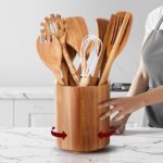 11 Pcs Wooden Kitchen Utensils Set with 360° Rotating Holder 7.3″ x 5.9″ Acacia Wood Cooking Utensils with Holder Cooking Spoons Spatulas for Nonstick Cookware Countertop Kitchen(Natural)
