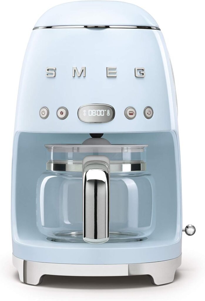 Smeg 50’s Retro Style Aesthetic Drip Coffee Machine with 10 Cup Glass Carafe, Auto Start Feature, Keep Warm Plate, and Two Coffee Strength Settings (Pastel Blue)