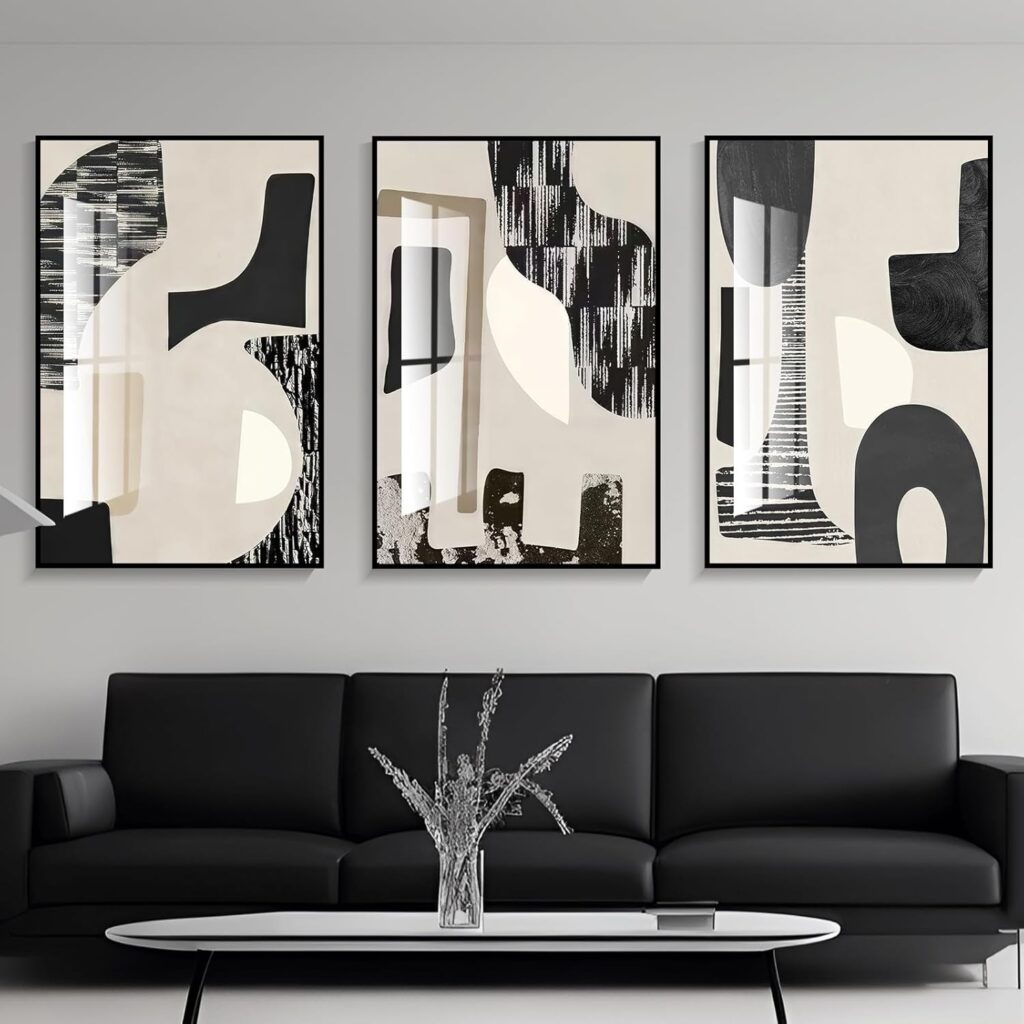 QKF Modern Abstract Framed Wall Art Extra Large Black & White Glossy Canvas Paintings and Pictures Geometric Wall Decor for Bright Modern Living Room Contemporary Home Decor 24×32 Inches 3 Piece Set
