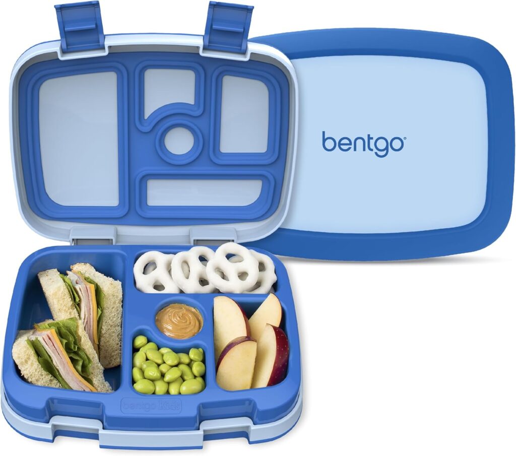 Bentgo Kids Bento-Style 5-Compartment Leak-Proof Lunch Box – Ideal Portion Sizes for Ages 3 to 7 – Durable, Drop-Proof, Dishwasher Safe, PFAS & BPA-Free & Made with Food-Safe Materials (Blue)