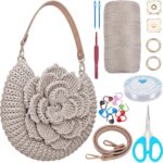 FREEBLOSS Crochet Bag Kit for Beginners Crochet Tote Bag Set Crochet Bag Starter Kit with Step-by-Step Video Tutorials, Flower Crochet Knitted Bag Adult Crafts Projects