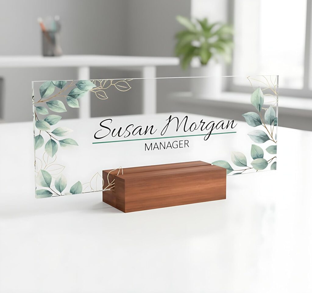 Personalized Name Plate for Nameplate Sign Modern Office Business Decor Executive Desk Name Plate Desk Name Sign Flower Floral green Leaves metallic foil (8″x3″)