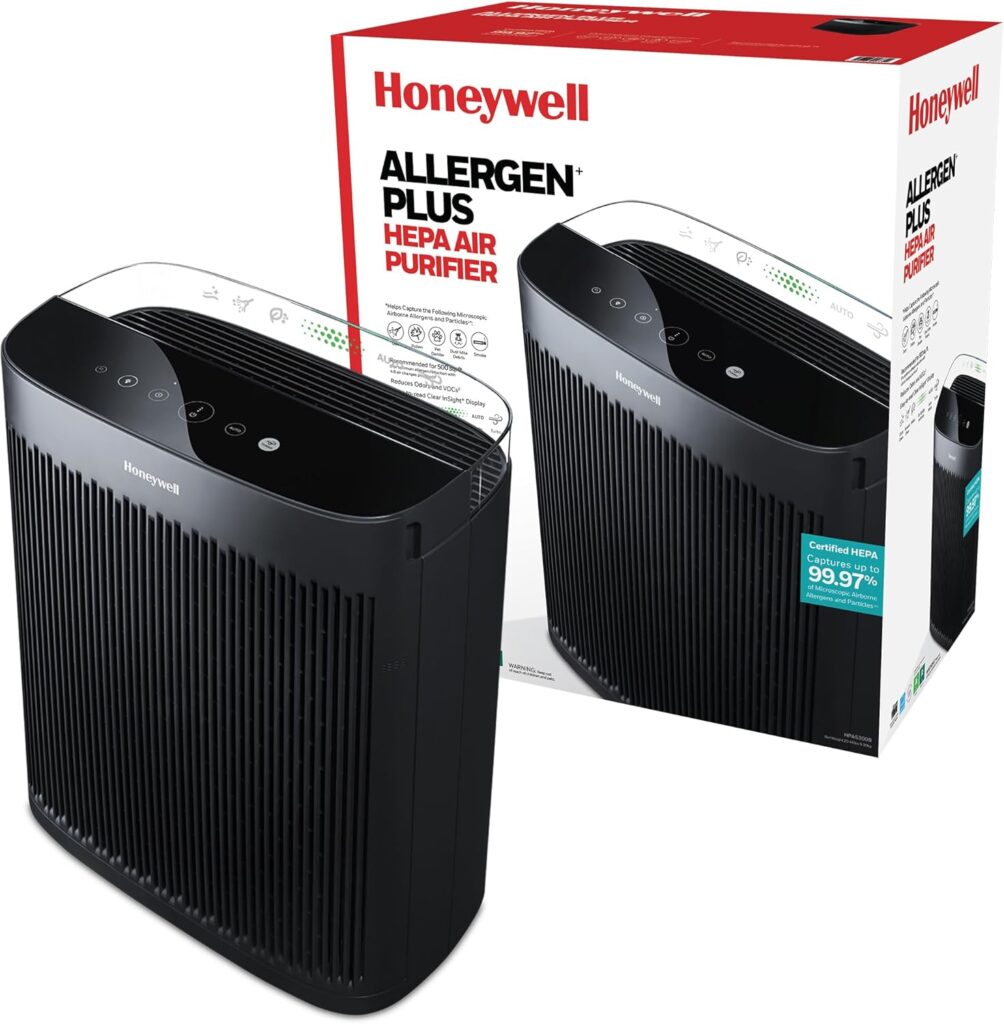 Honeywell Allergen Plus HEPA Air Purifier for Home Large Rooms up to 2400 Ft², Air Quality Monitor, Auto Mode, Reduces Allergens, Pollen, Pet Dander, Odors, Smoke, Black, HPA5300B