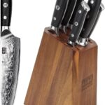 SHAN ZU Damascus Kitchen Knife Set, 7-Piece Professional Knife Sets for Chefs, Japanese Super Steel Damascus Kitchen Knife Set With G10 Handle Knife Block Set