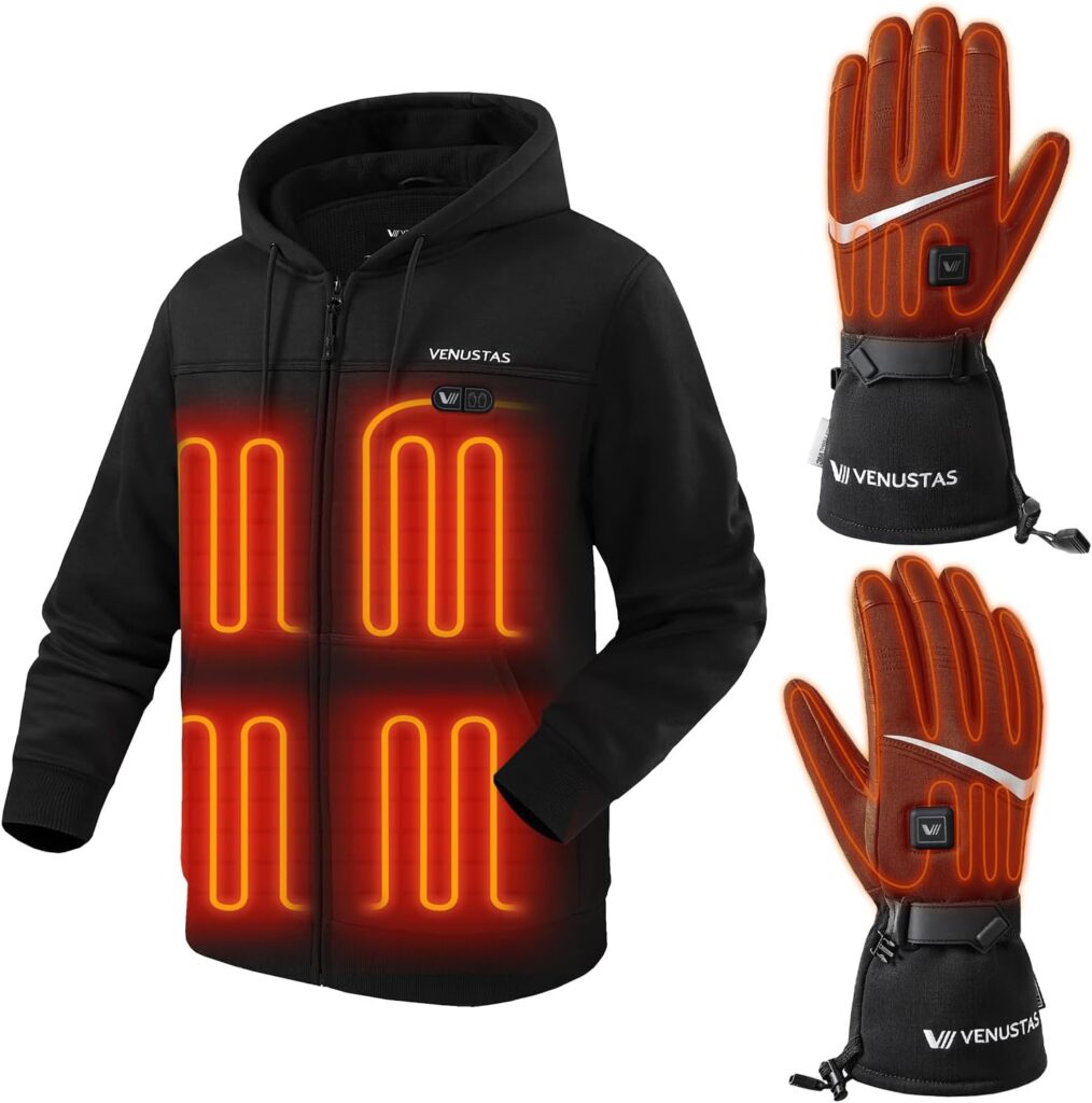 Venustas 12V Heated Hoodie(Black, 2XL) & Heated Gloves(Black, L), Dual-Control Unisex Set with Battery for Winter Work & Ski