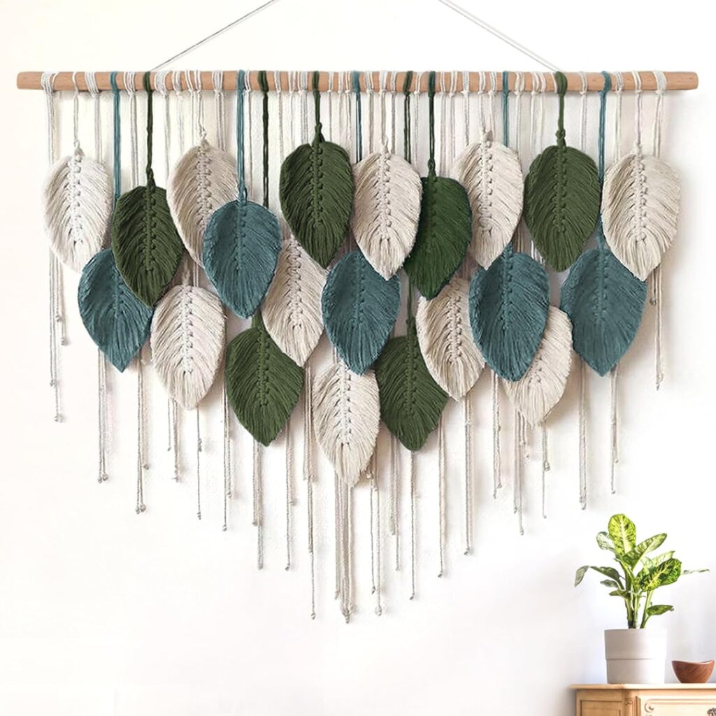 KHOYIME Macrame Wall Hanging Large Boho Home Decor, Bohemian Leaves Tapestry Modern Handmade Yarn Woven Feather Leaf Chic Wall Art Decorations for Bedroom Living Room Nursery Backdrop 39″ W X 29.5″ L