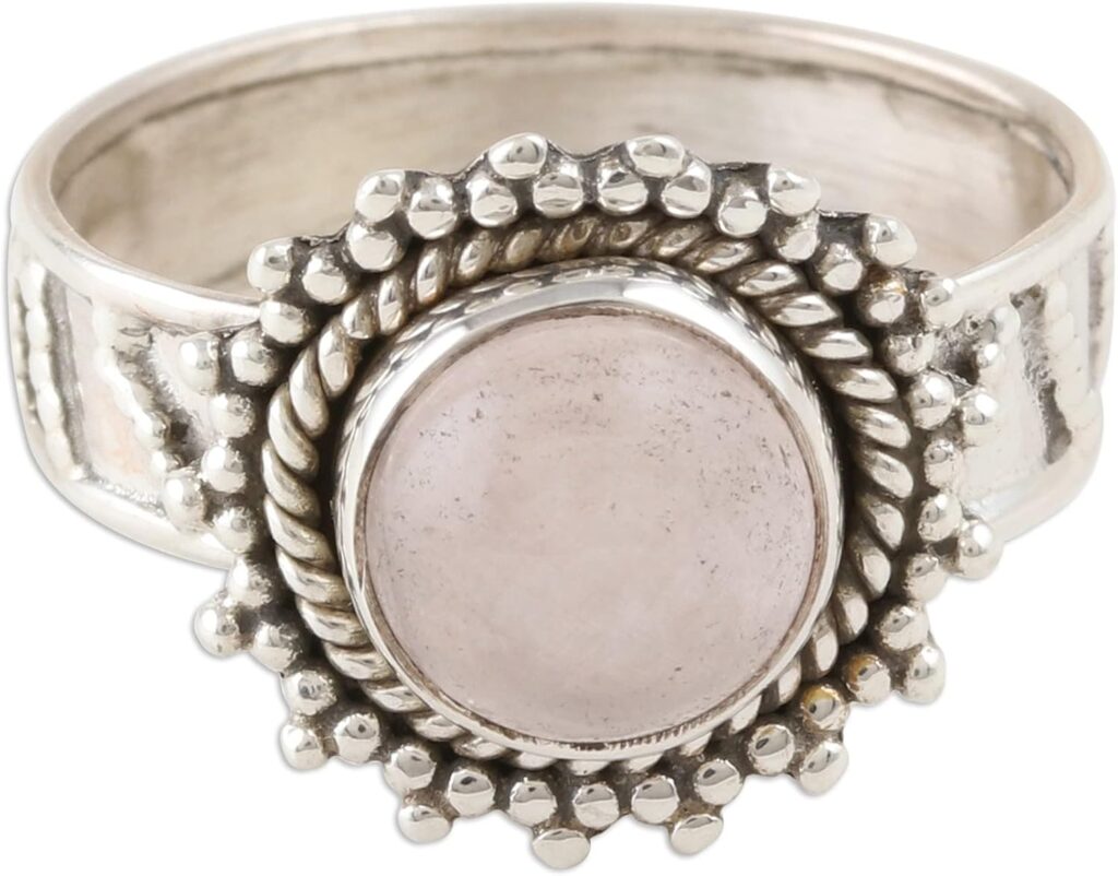 NOVICA Artisan Handmade Rose Quartz Cocktail Ring Flower Motif Oxidized .925 Sterling Silver Single Stone India Gemstone Birthstone ‘Inner Love’