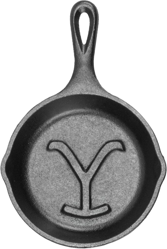 Lodge Pre-Seasoned Yellowstone Stamped Cast Iron Cookware – Signature Teardrop Handle – Use in the Oven, on the Stove, on the Grill, or Over a Campfire – Power Y 5 Inch Skillet
