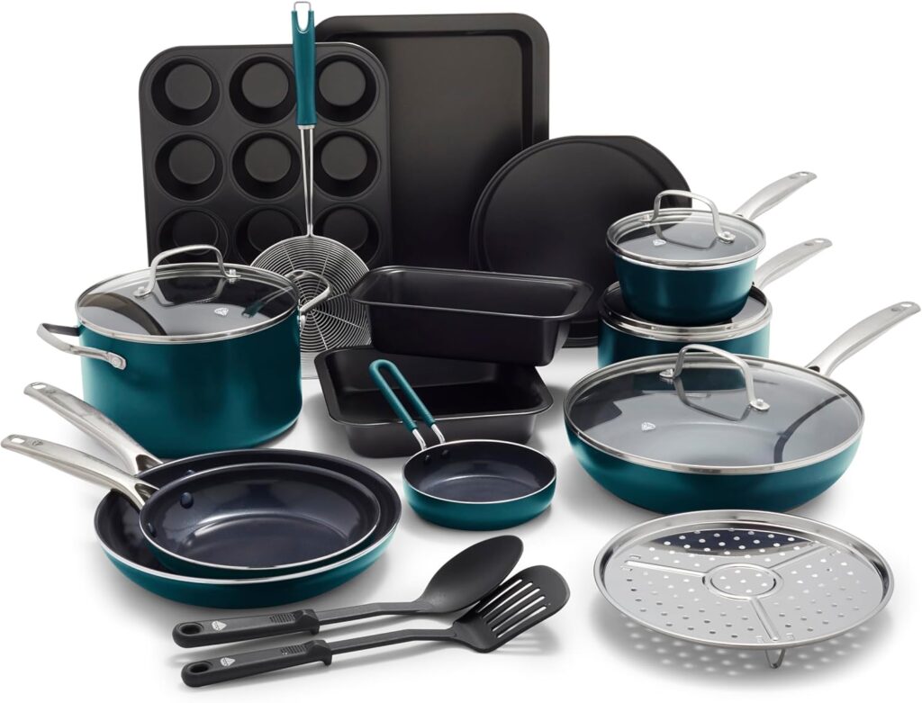 Blue Diamond 20 Piece Cookware and Bakeware Set, Diamond Infused PFAS-Free Ceramic Nonstick Pots and Pans, Durable Nontoxic Metal Utensil Safe & Scratch Resistant, Dishwasher & Oven Safe, Green