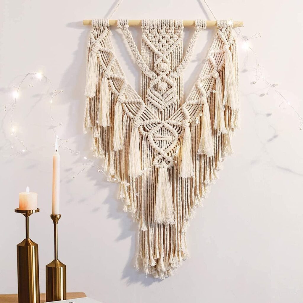 ANROYE Macrame Boho Wall Hanging Decor, Geometric Woven Tapestry Chic Cotton Handmade Bohemian Art with Long Tassel, Craft Ornament for Dorm Home Bedroom Western Room Decoration Gift for Women