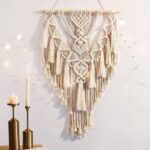 ANROYE Macrame Boho Wall Hanging Decor, Geometric Woven Tapestry Chic Cotton Handmade Bohemian Art with Long Tassel, Craft Ornament for Dorm Home Bedroom Western Room Decoration Gift for Women
