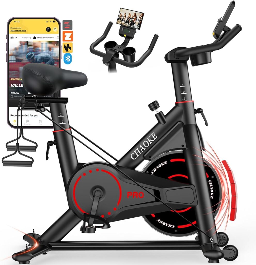 Exercise Bike, CHAOKE Quiet Magnetic Resistance 300LB Capacity Stationary Bike for Home with App Compatible, Indoor Bike with Comfortable Seat and Digital Display