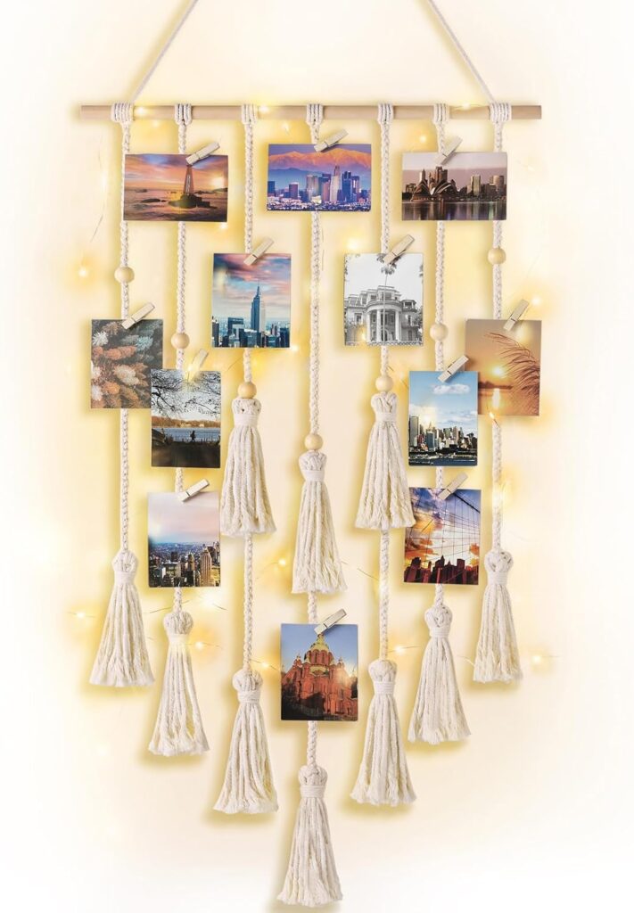 Mkono Hanging Photo Display Boho Macrame Wall Decor with Light, Teen Girl Teenage Gifts, Pictures Cards Frame Holder Art Hanger for Christmas Birthday Party Bedroom Dorm, with 30 Wood Clips, Ivory