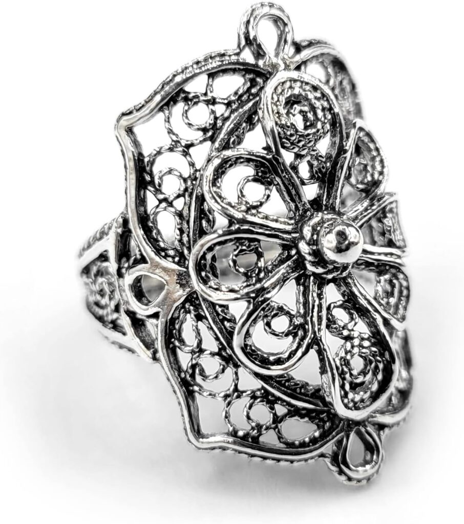 Filigranist 925 Sterling Silver Artisan Made Handcrafted Lace Embroidery Filigree Art Women Cocktail Statement Ring