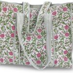 Cotton Floral Block Print Tote Bag Handmade Indian Shoulder Bag, Qiulted Market Shopping Bag