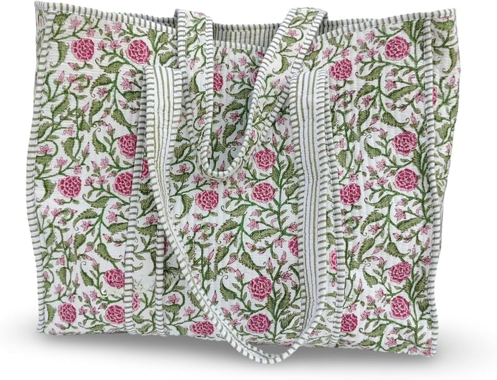 Cotton Floral Block Print Tote Bag Handmade Indian Shoulder Bag, Qiulted Market Shopping Bag