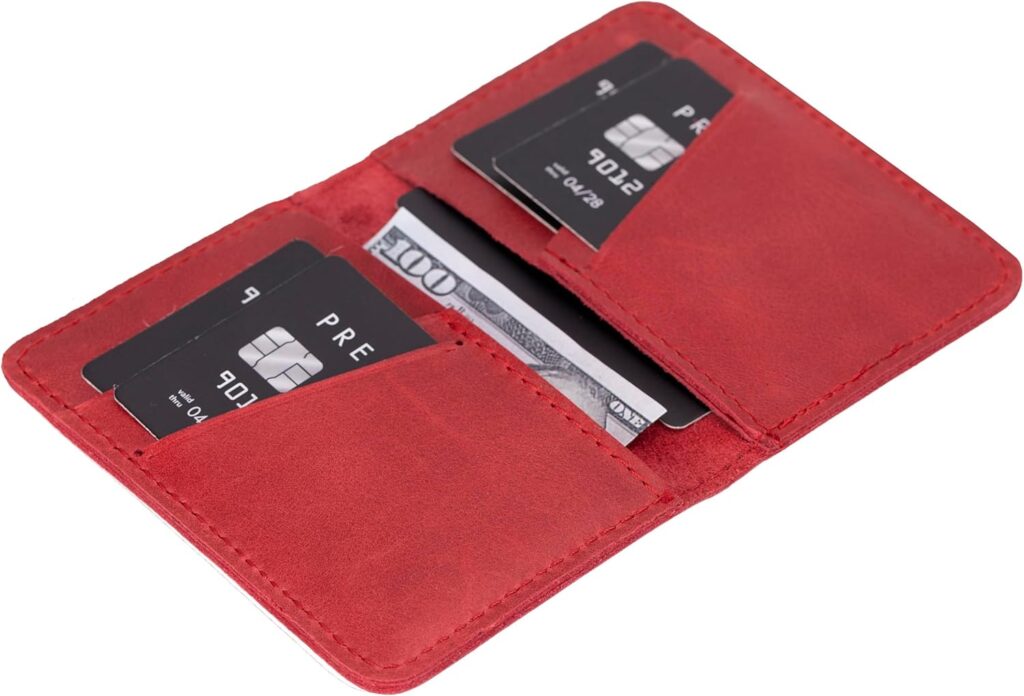VENOULT Genuine Leather, Bi-fold Card Holder, Wallet with 4 Credit Card and 2 Cash Slots for Man or Women, (4.3 x 3.1 x 0.25 in), Slim Minimalist Design, Handcrafted (Cranberry Red)