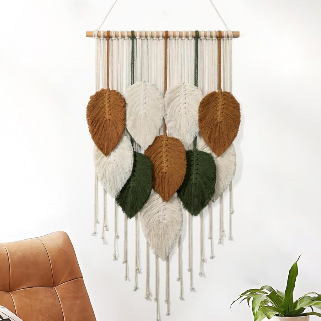 Tiaforza Macrame Wall Hanging Decor Art, Handmade Leaf Feather Woven Boho Wall Tapestry, Ideal Decor for Apartment, Bedroom, Living Room, Office, and Dining Area, Size 16.5″x29.5″