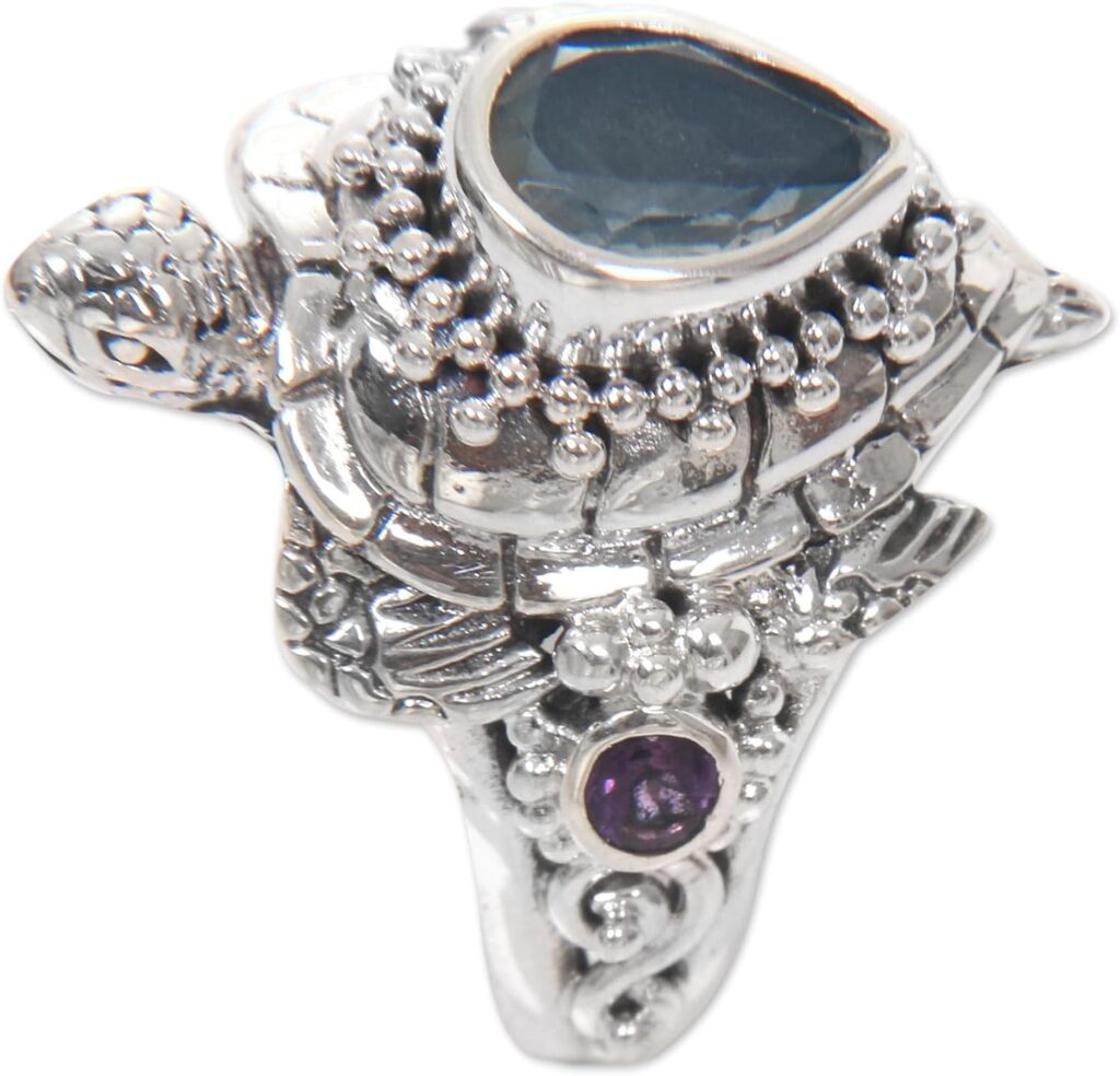 NOVICA Artisan Handmade Multi Gemstone Cocktail Ring Turtle Theme from Bali .925 Sterling Silver Citrine Blue Topaz Amethyst Multigem Multicolor Domed Indonesia ‘Sea Turtle Enchantment’