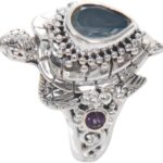 NOVICA Artisan Handmade Multi Gemstone Cocktail Ring Turtle Theme from Bali .925 Sterling Silver Citrine Blue Topaz Amethyst Multigem Multicolor Domed Indonesia ‘Sea Turtle Enchantment’
