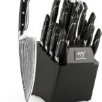 18 Pieces Damascus Kitchen Knife Set, 8 Piece Steak Knives, Non-slip ABS Ergonomic Triple Rivet Handle for Meat Fork, Knife Sharpener and Shears, 17 Slots Wooden Knife Block