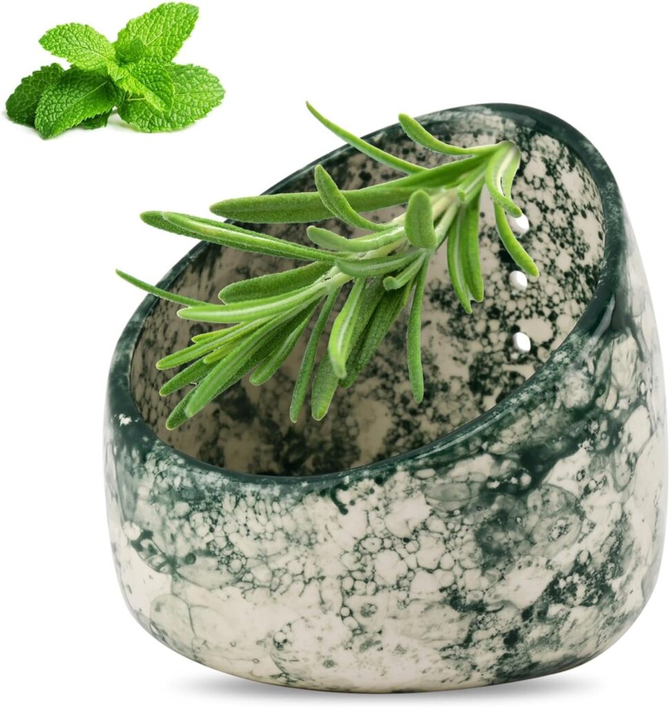 Herb Stripper Bowl, Handmade Ceramic Herb Stripper, Pottery Kitchen Efficient Leaf Removal Tool Available in Different Hole Sizes for Peeling The Stemmed Leaves(Color:Green)