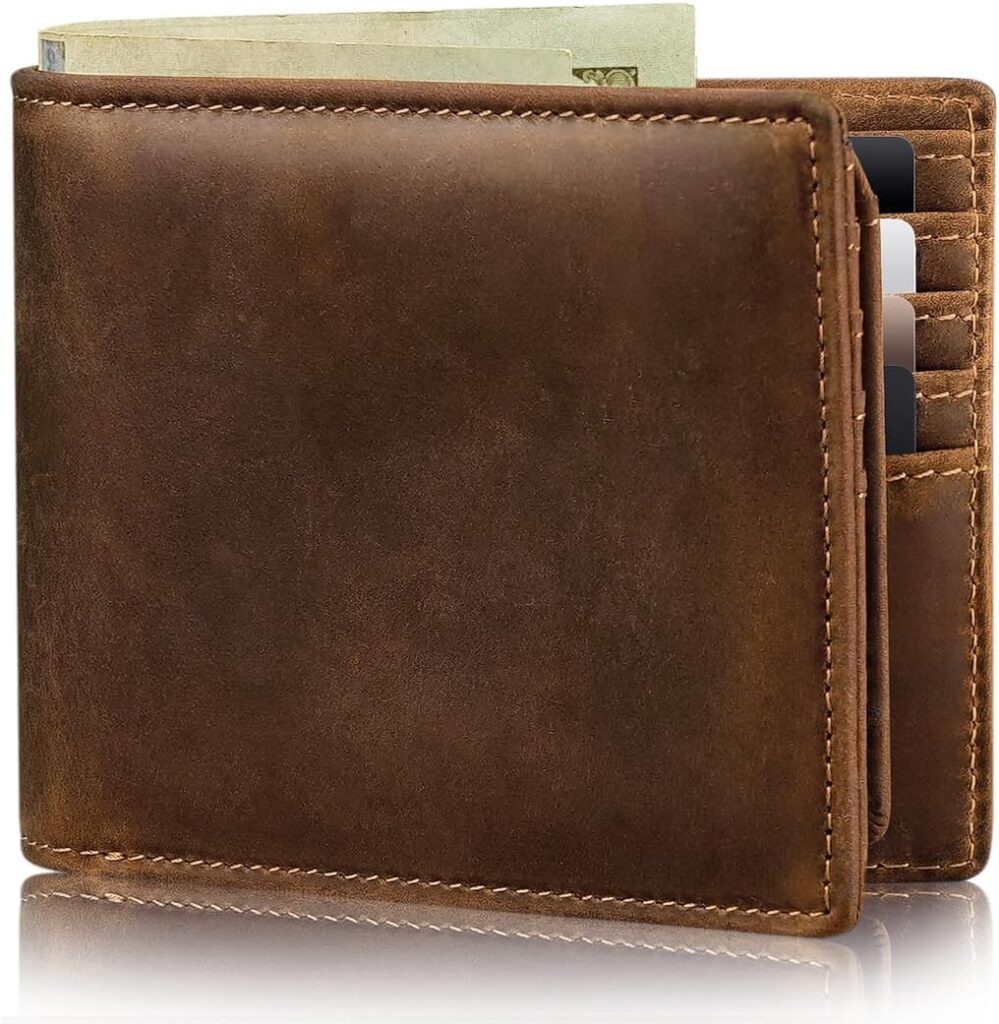 Mens Wallet Bifold Genuine Leather RFID Blocking Wallet for Men with 2 ID Windows 11 Card Holders 2 cash pockets 1 Gift Box