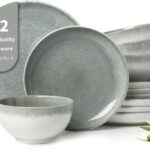 Gradient Green Stoneware Dinnerware Sets, 12 pcs Reactive Glaze Plates and Bowls Sets, Handmade Ceramic Round Dishes Set for 4, Highly Chip and Crack Resistant Modern Plate Set