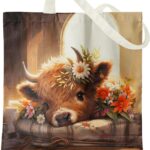 Western Highland Cow Canvas Tote Bag – Highland Cow Lover Gifts,Canvas Shoulder Bag for Women for Girls