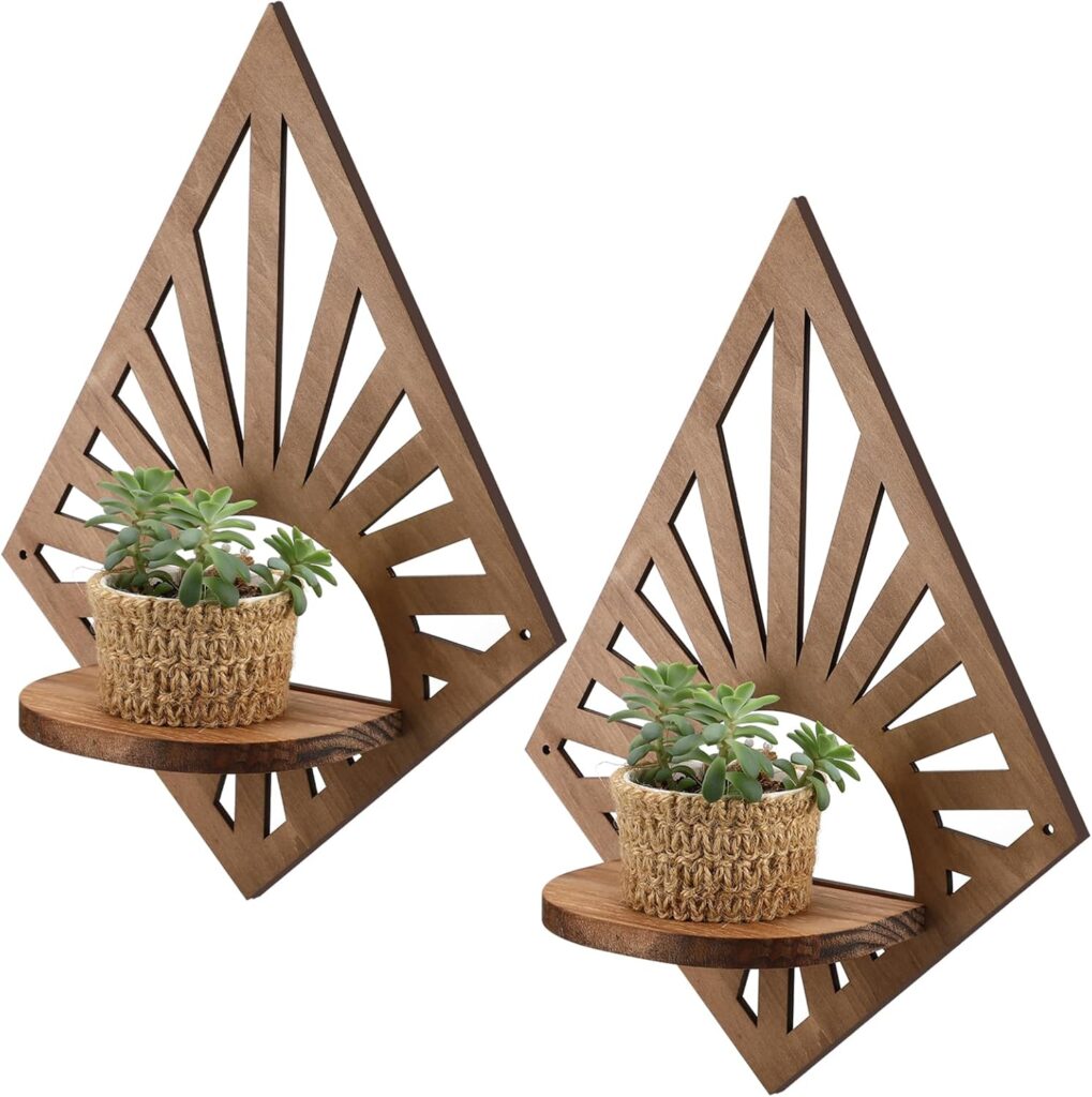 Menkxi 2 Pcs Boho Brown Vintage Floating Shelves for Wall Rustic Farmhouse Wooden Wall Mounted Diamond Hanging Mount Wood Candleholder for Nursery Bedroom Room Decor(Diamond)