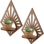 Menkxi 2 Pcs Boho Brown Vintage Floating Shelves for Wall Rustic Farmhouse Wooden Wall Mounted Diamond Hanging Mount Wood Candleholder for Nursery Bedroom Room Decor(Diamond)