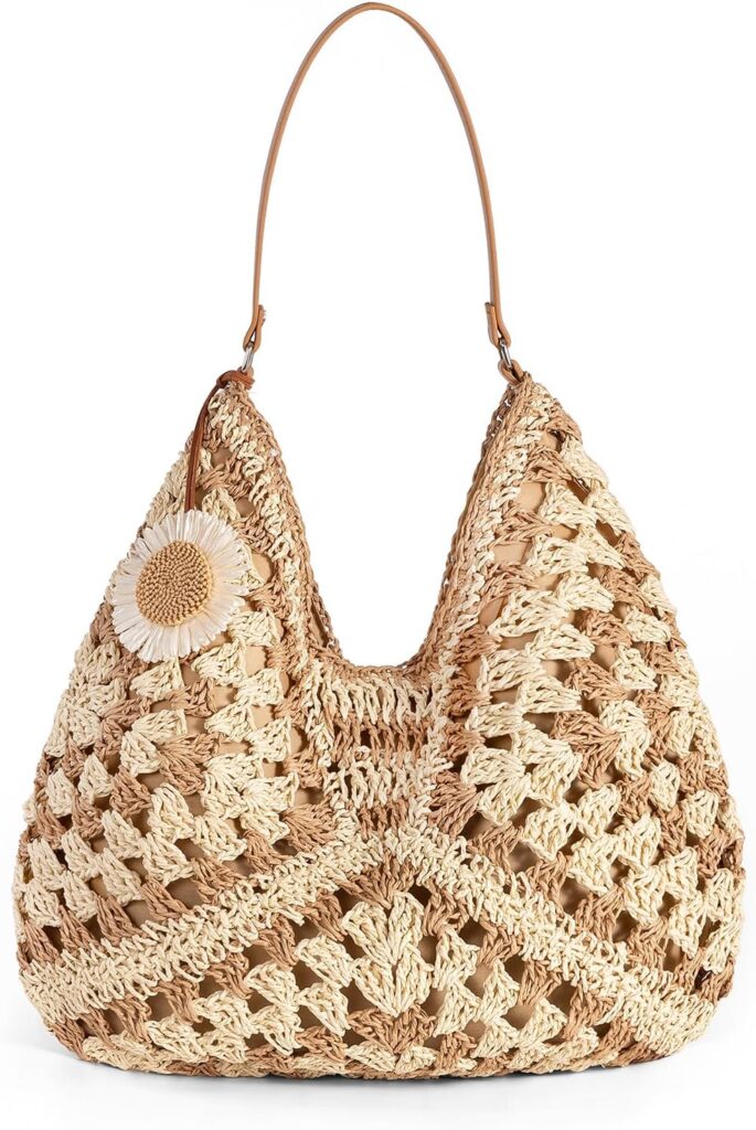 Women’s Straw Beach Bag: Vintage Hobo Shoulder Tote – Woven Handmade Summer Bag for Travel & Vacation